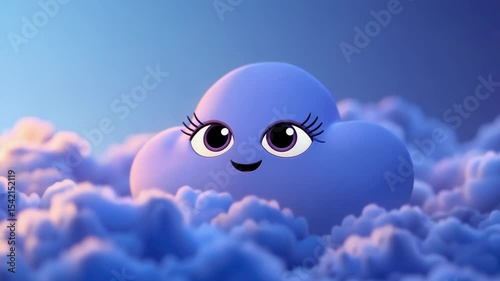 A cartoon cloud with a sleepy face is floating in the sky. Scene is calm and peaceful, as the cloud appears to be resting and taking a break from its usual role in the sky. The blue color of the cloud