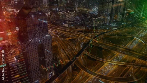 image of data processing over cityscape. global business, digital interface, connections and digital interface concept digitally generated image.