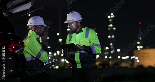 Two power plant engineers wearing green safety PPE uniforms are working with a digital laptop and walkie-talkies at night at a refinery and gas petrochemical plan