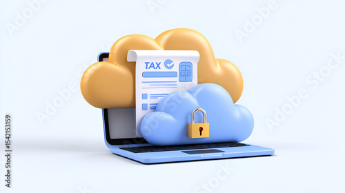 3D laptop tax form submission with cloud and lock in white background for secure business finance upload illustration.