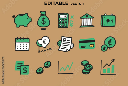 Hand drawn green finance icons set for banking and investment