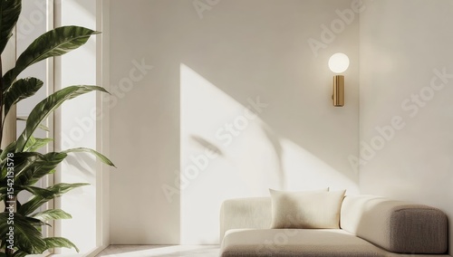 Sunlit, minimalist living area with a beige sectional and plant
