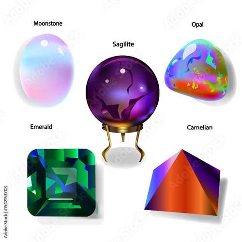 Gems emerald opal moonstone  carnelian sagilite