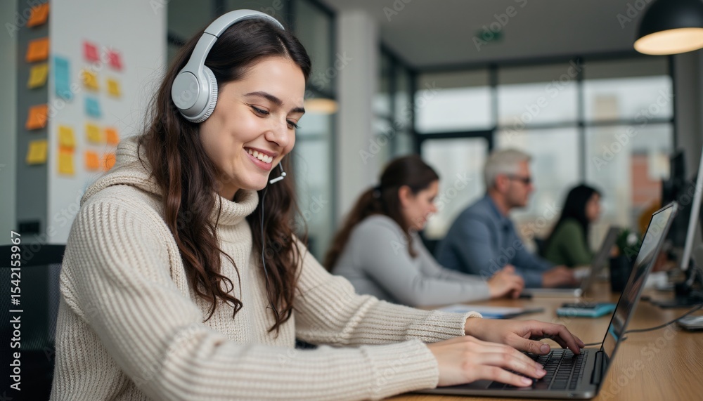 Obraz premium Focused young woman with headphones working on laptop in modern office environment