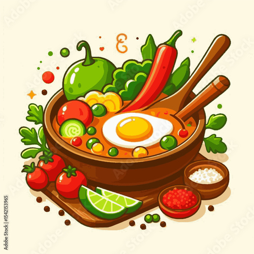 Cartoonstyled bowl of soup including veggies an egg and peppers It sits on a wooden base next to bowls of toppings