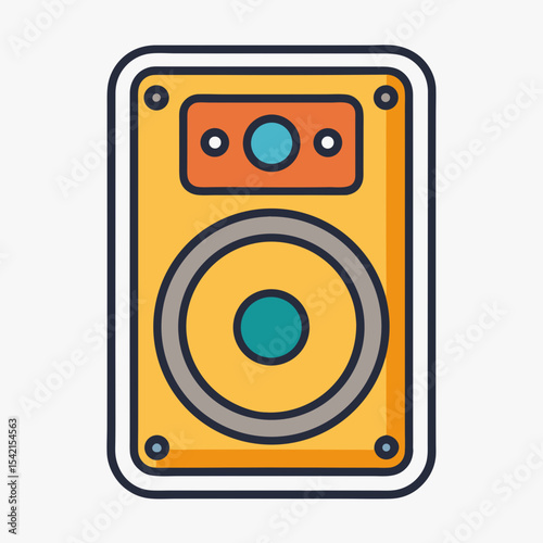 Cartoon illustration of a vibrant yellow music speaker with blue accents