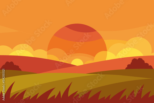 Mountain landscape at sunset with an orange sky, clouds, and a desert silhouette