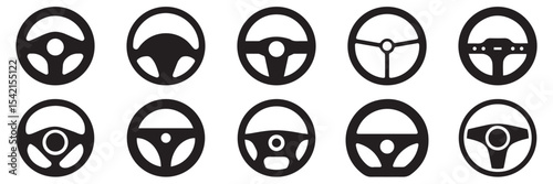 Car Steering Wheel Icons Set – Silhouette and Line Style Symbols for Vehicle Interface and UI Design