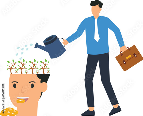 Businessman Watering Ideas: Growth, Investment, Financial Success, This vibrant illustration depicts a businessman's money trees, business strategies, business development, wealth creation,