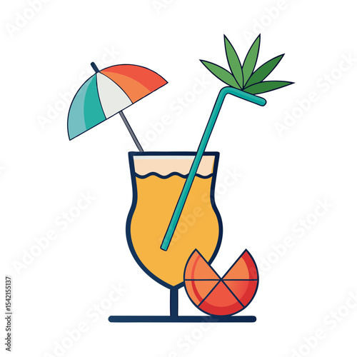 Vibrant tropical cocktail illustration with umbrella, straw and fruit garnish on transparent background