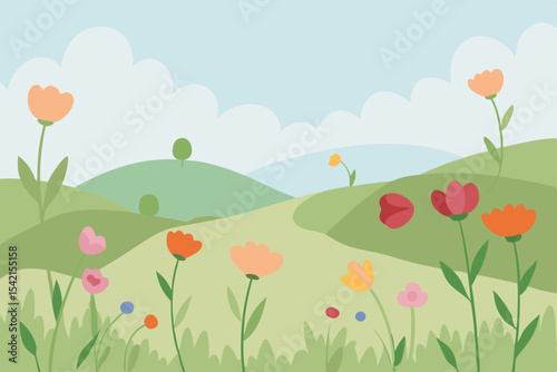 Red poppies bloom in a vibrant spring meadow under a blue sky, creating a beautiful field of flowers