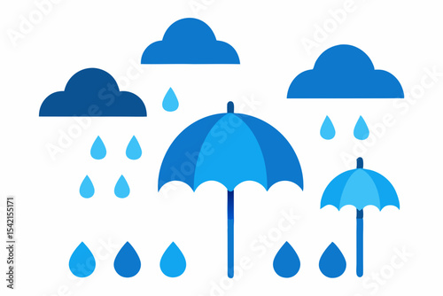 Umbrella in blue sky with raindrops, a seamless vector illustration symbolizing protection during the autumn rainy season