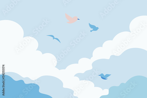Cartoon vector illustration of a seamless cloudscape pattern with blue sky and fluffy clouds, perfect for summer weather designs