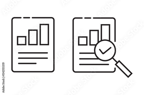 magnifying glass over document icon design, Analytics data stats audit research icon simple vector graphic, statistics chart results report review, profit analysis overview evaluate pictogram