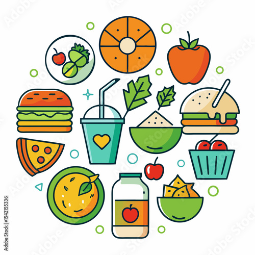 Colorful Circular Arrangement of Delicious Foods and Refreshing Beverages Illustration