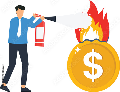 Businessman Extinguishing Burning Money, businessman using a fire extinguisher fire engulfing a dollar coin.financial stability,  needing a visual representation of financial challenges and solutions.