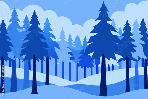 A festive winter forest landscape with snow-covered pine trees and a serene December illustration perfect for holiday celebration cards
