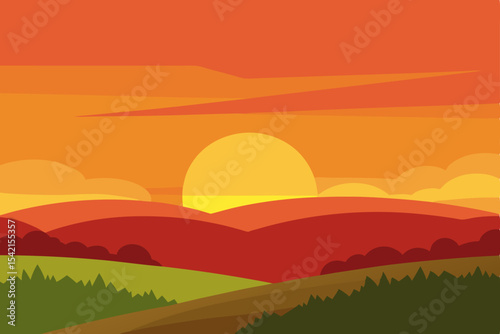 Majestic summer sunset over mountains, casting a golden glow across the green landscape with vibrant sky and distant forest