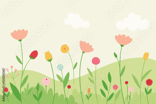 Blooming spring meadow with vibrant poppies and tulips under a clear sky, a beautiful floral background capturing the essence of nature's garden
