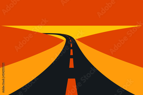 Abstract asphalt highway stretching towards a vibrant sunset horizon, symbolizing a path to success