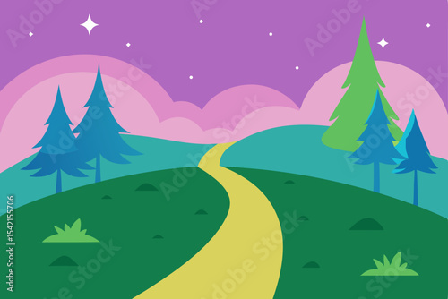 A beautiful winter night landscape with a forest of trees under a starry sky