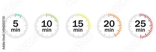 Countdown Timer Icons Set – 5, 10, 15 Minute Stopwatch and Clock Symbols for Cooking and Time Tracking