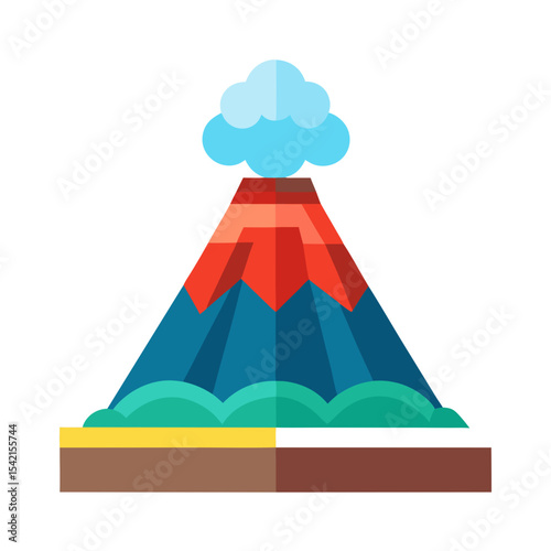 Stylized flat vector illustration of a volcano with smoke on transparent background