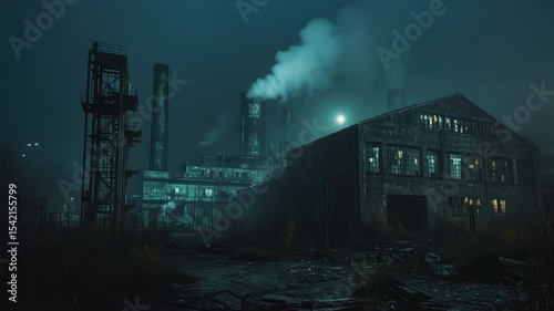 Abandoned Industrial Complex with Smoke in Foggy Night Setting, Ruined Buildings, and Overgrown Grass, Atmospheric and Eerie Environment transparent background png