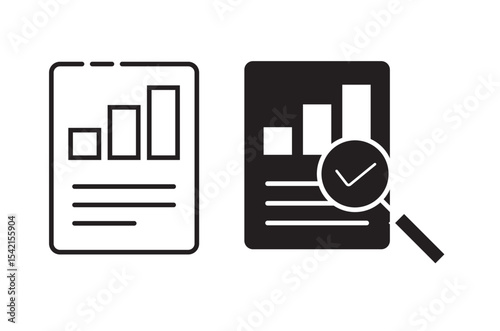 magnifying glass over document icon design, Analytics data stats audit research icon simple vector graphic, statistics chart results report review, profit analysis overview evaluate pictogram