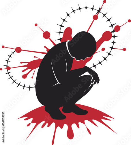A Silhouette of Emotional Pain: A Person Crumbling Amid Red Splashes and Barbed Circular Thorns