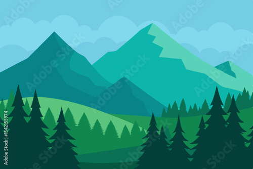 Snow-capped mountains, green valleys, and pine trees frame a serene alpine landscape