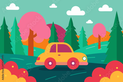 Cartoon vector illustration of a family car on a green nature road trip in summer, winter, or a forest landscape
