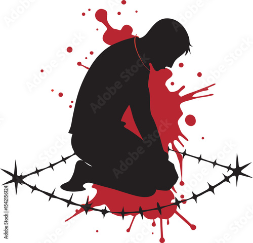 A Silhouette of Emotional Pain: A Person Crumbling Amid Red Splashes and Barbed Circular Thorns