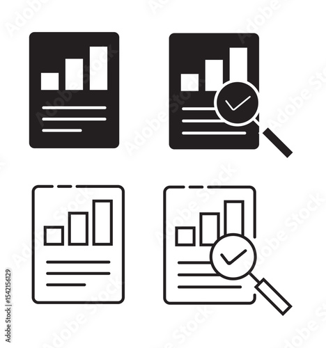 magnifying glass over document icon design, Analytics data stats audit research icon simple vector graphic, statistics chart results report review, profit analysis overview evaluate pictogram