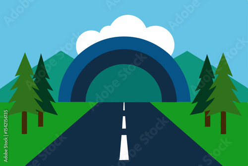 A vibrant cartoon highway ascends through a summer landscape, leading towards a sun-kissed horizon where city and sky converge