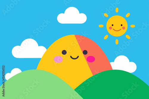 A vibrant cartoon illustration of Easter eggs hidden in a spring meadow with a sunny sky, flowers, and a happy little bird