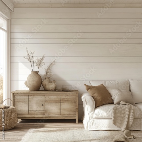 Light-filled, cozy room with a neutral color palette.  Wooden accent pieces and a comfortable couch create a relaxing atmosphere.  Natural light streams in through large windows