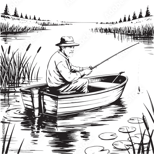 Elderly Man Fishing from a Wooden Rowboat – Black and White Vintage Line Art