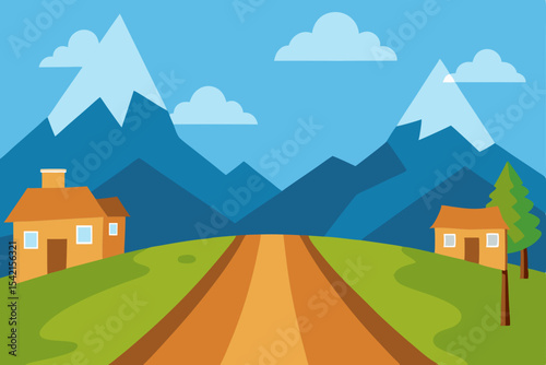 Vector illustration of a village landscape with houses in the mountains, featuring a rural scene with trees, sky, and fields