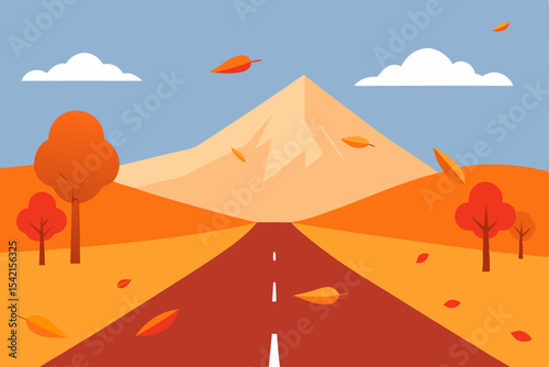 Autumn and desert landscapes with trees, mountains, and pyramids in a vector illustration, under a hot orange sunset sky with a camel