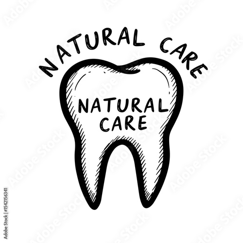 Tooth icon with "Natural Care" text in sketch style for organic dental care concept