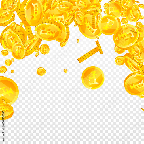 Swiss franc coins falling. Gold scattered CHF
