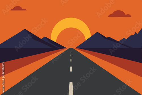 Orange sunset paints the desert landscape as a winding road leads toward the sea, framed by distant mountains and a lone camel silhouette