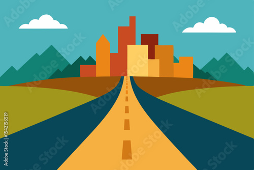 Straight highway asphalt path to the city, a summer sunset travel concept with sky and landscape illustration