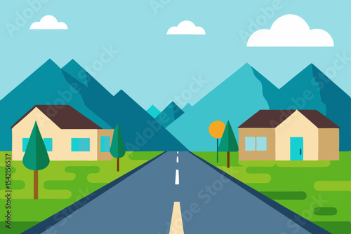 Cartoon illustration of a mountain road leading to a town with houses and trees under a summer sky