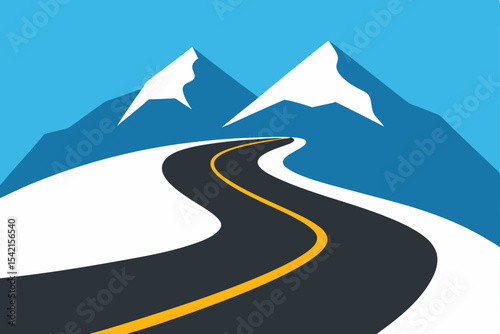 Mountain highway winding through a scenic winter landscape with snow-capped peaks and cloudy sky