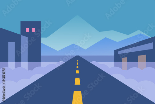 Vector illustration of a city road with a clear sky, showing the path to success in business and travel with signs and arrows for direction and speed