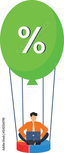 Businessman on Hot Air Balloon with Percentage Sign - Growth laptop while seated on a pie chart inside a hot air balloon shaped like a percentage sign. strategies, percentage increase,