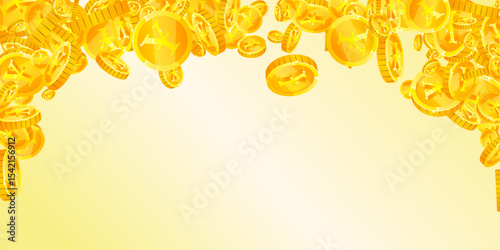 Japanese yen coins falling. Scattered gold JPY