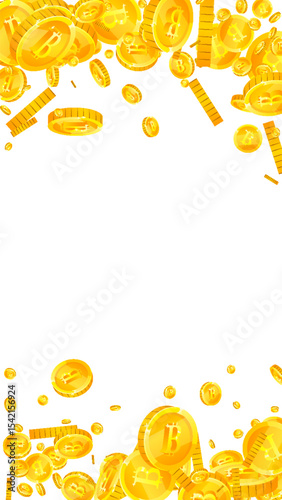 Bitcoin coins falling. Cryptocurrency scattered